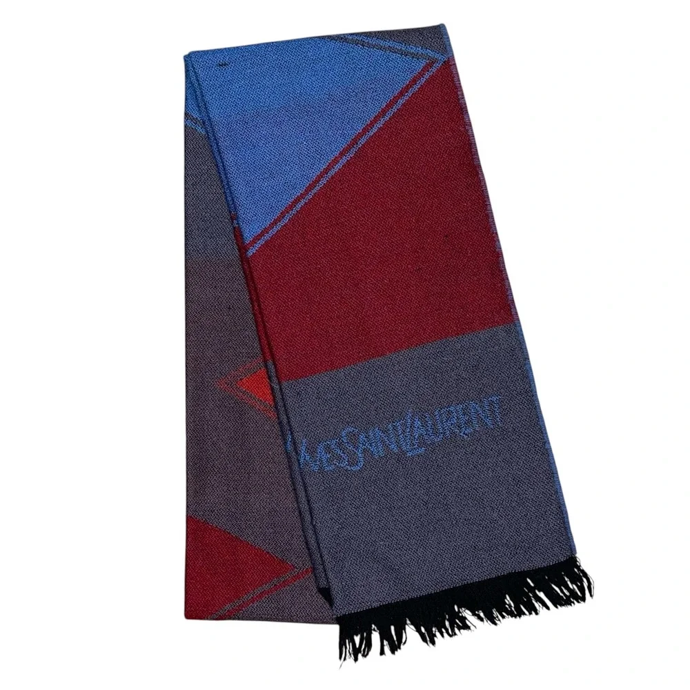 Vintage Yves Saint Laurent YSL Wool Scarf Geometric Diamond Blue Red Grey 66in